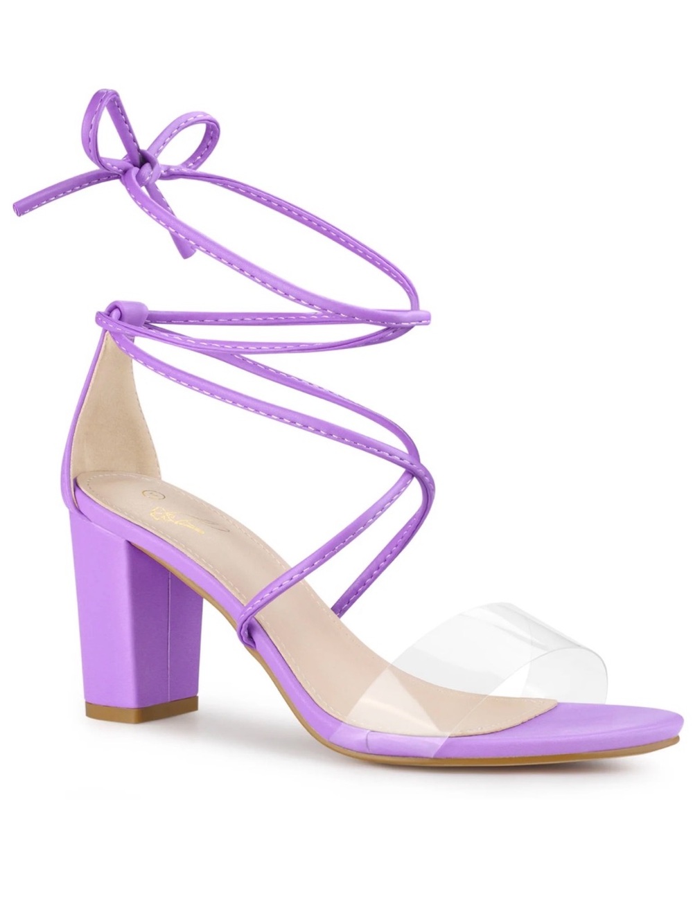 Lilac Lace-Up Block Heel Sandals with Clear Toe Strap